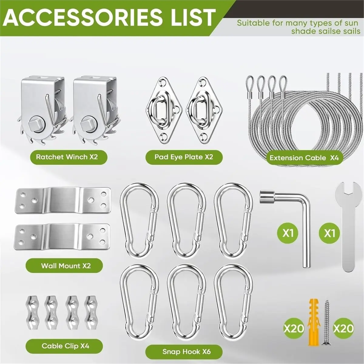 60Pcs Sun Shade Sail Hardware Kit,Ratchet Winch with Cable Rope Sun Sail Hardware Kit for Outdoor Patio Canopy Garden
