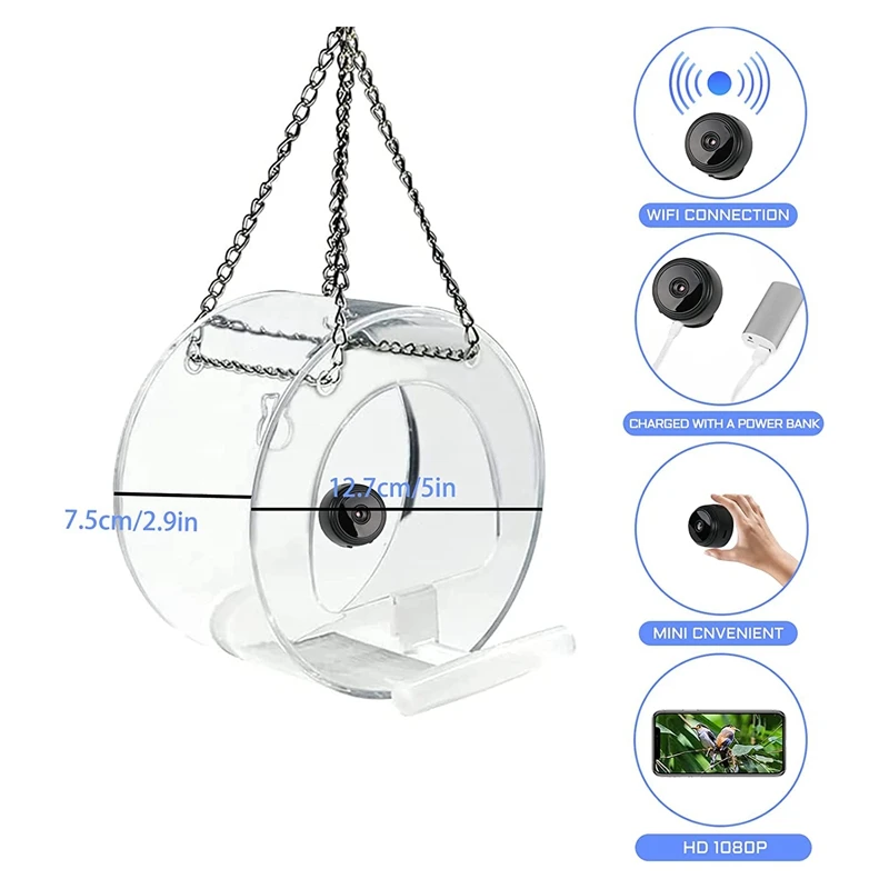 Bird Feeder Hanging Bird Feeder With 1080P Night-Version Video Camera & 360° Swivel Base Transparent