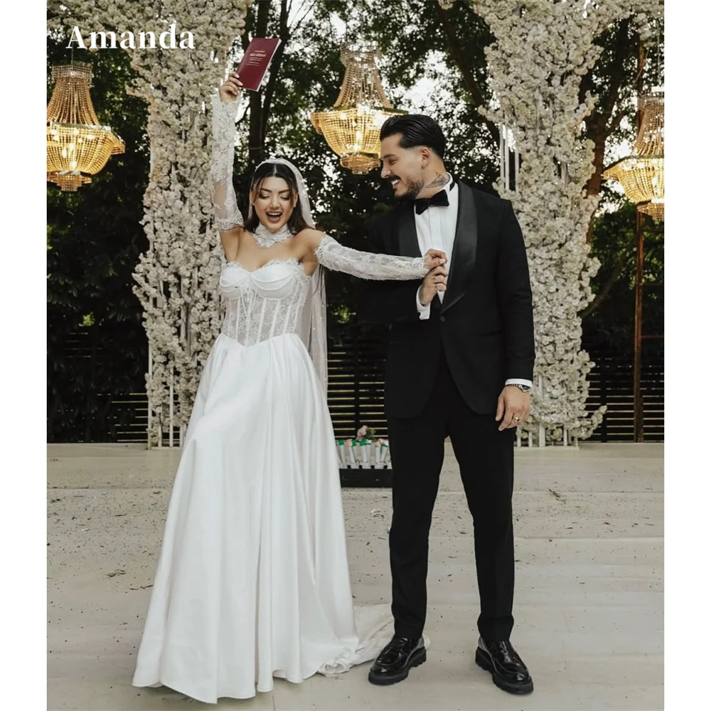 

Amanda индивидуальные свадебные платья без бретелек с кружевной вышивкой, трапециевидной формы с прозрачными рукавами, платья de noche, корсет, драпированный, торжественный вечер