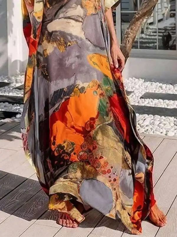 

BabYoung Women Vacation Printed Maxi Dress 2025 Summer Vintage Gauze Asymmterical Elegant Batwing Sleeves Bohemia Long Dresses
