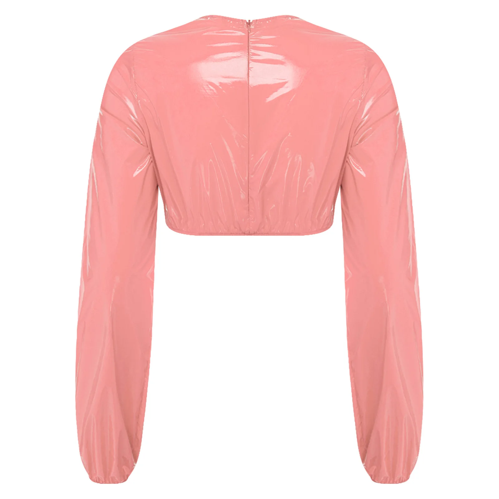 Waterproof Glossy Crop Sweat Top for Women Crew Neck Long Sleeve Back Zipper Nightwear T Shirt for Night Rave Pole Dance Party