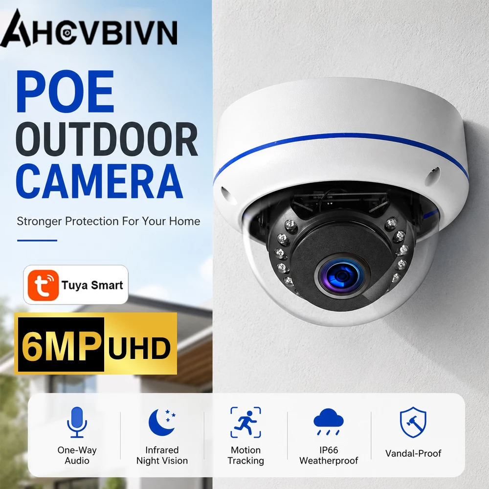 Tuya Smart 6MP POE Dome Security Camera Vandal‑Proof Outdoor Dome Motion Tracking  One‑Way Audio for Home Business Surveillance