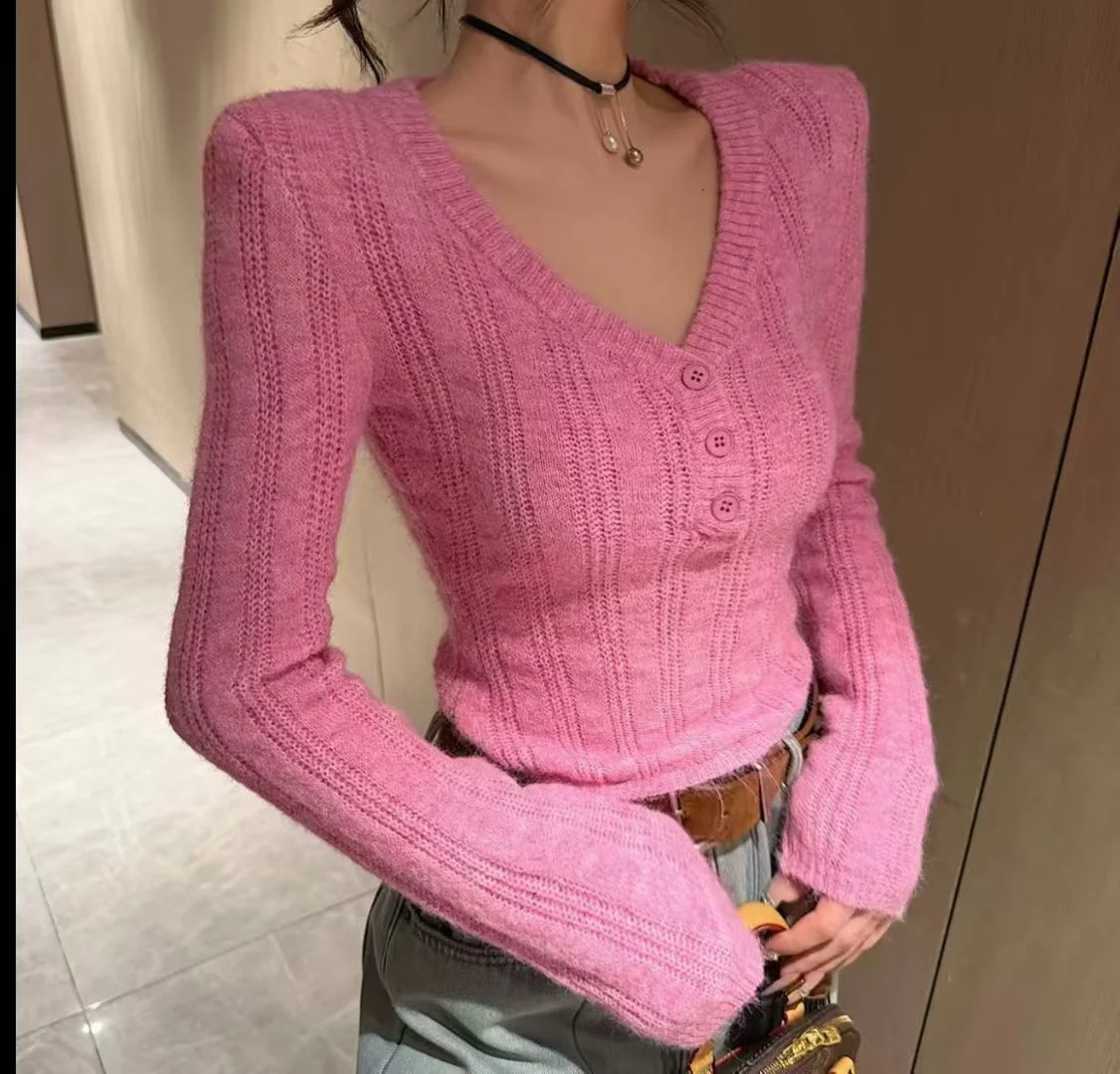 تي شيرت نسائي تريكو بقصة ضيقة مفرغة بطبقة أساسية من مزيج القطن المريح طويل Sve V-Ne