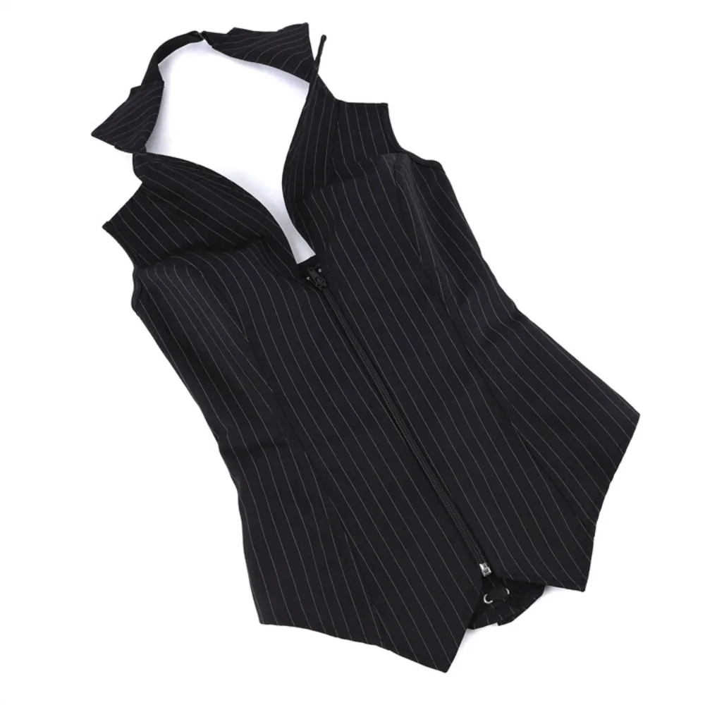 Elegant Women Gothic Black Pinstripe Corset Vest Front Zipper Lace Up Back Removable Collar Waist Trainer Body Shapewear