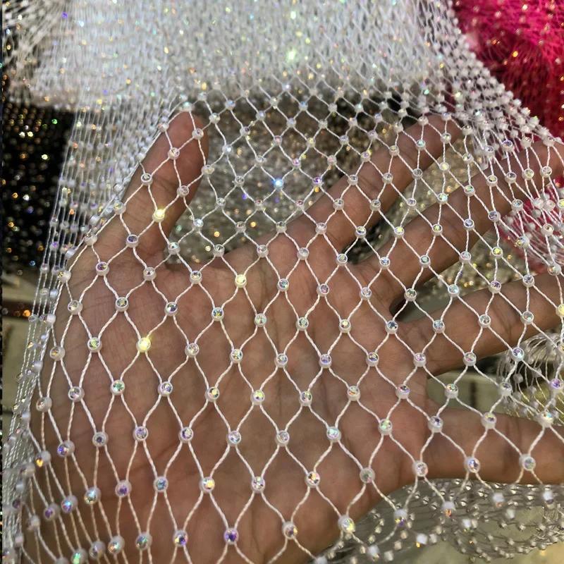 1 yard 36*37 Row Fishing Net Line Stone Crystal Rhinestone Connection Net Fabric 2021 Ins Hot Designer white for DIY Dress Decor