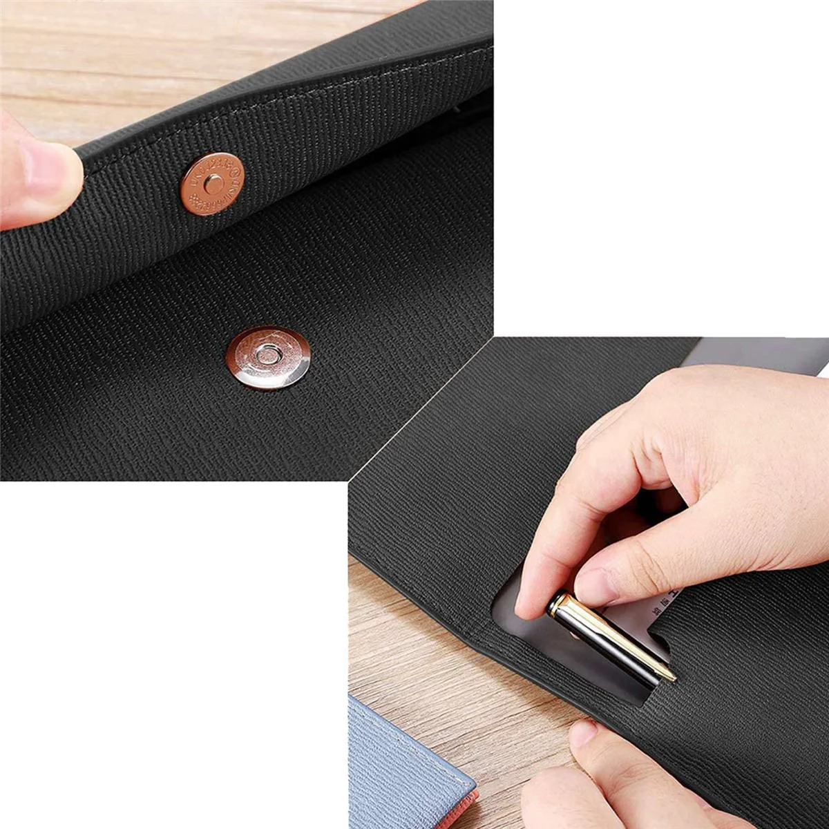 8X PU Leather A4 File Folder Document Holder Waterproof Portfolio Envelope Folder Case with Snap Closure(Black)