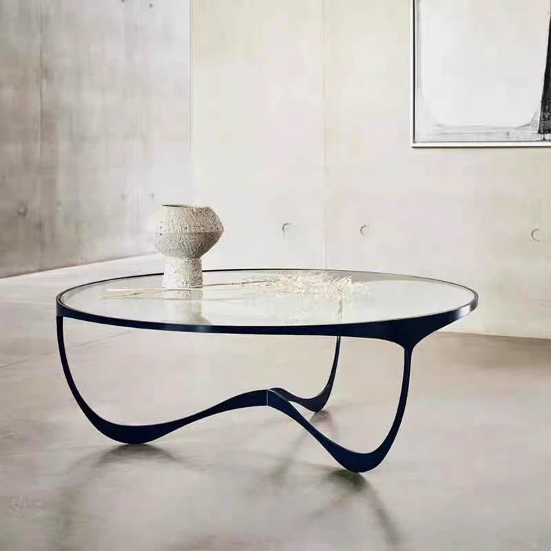 Retro round line coffee table metal glass premium copper living room coffee table table
