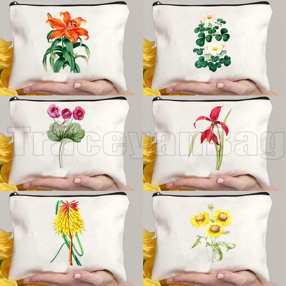 Bolsa de Almacenamiento de Maquillaje y Cosméticos, Estuche para Lápices con Diseño de Flores Botánicas como Lirios, Lotos, Anémonas, Rosas, Campanillas, Claveles, Iridis y Jacintos