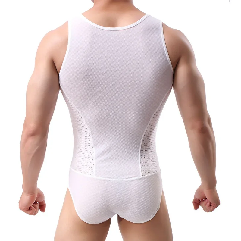 Mens Bodysuits Sexy Mesh Breathable One-piece Undershirts Vest Jumpsuits Fitness Wrestling Singlet Gym Sport Leotard Men Rompers