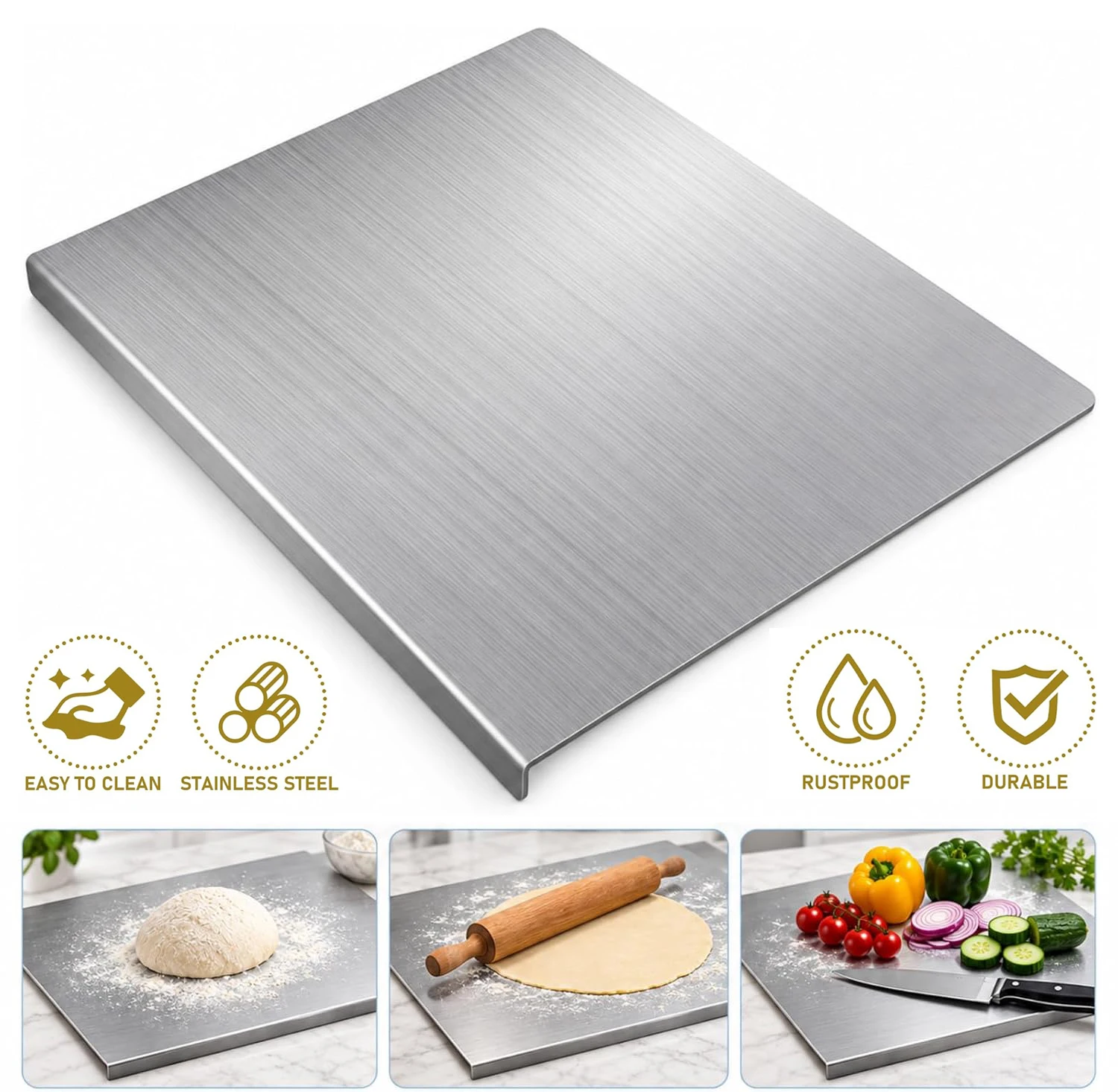 Tagliere in acciaio inossidabile con bordo elevato, ideale per impastare, per la preparazione di dolci, tagliere antiscivolo per uso domestico, tagliere robusto e di grandi dimensioni per tagliare