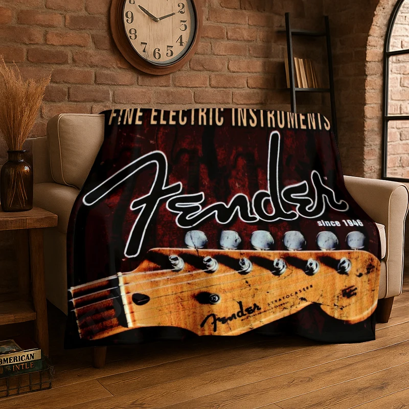 Retro Fender Logo Guitar Instruments Music Flannel Blanket Soft Warm Throw Blanket for Bedroom Living Room Bed Travel Picnic