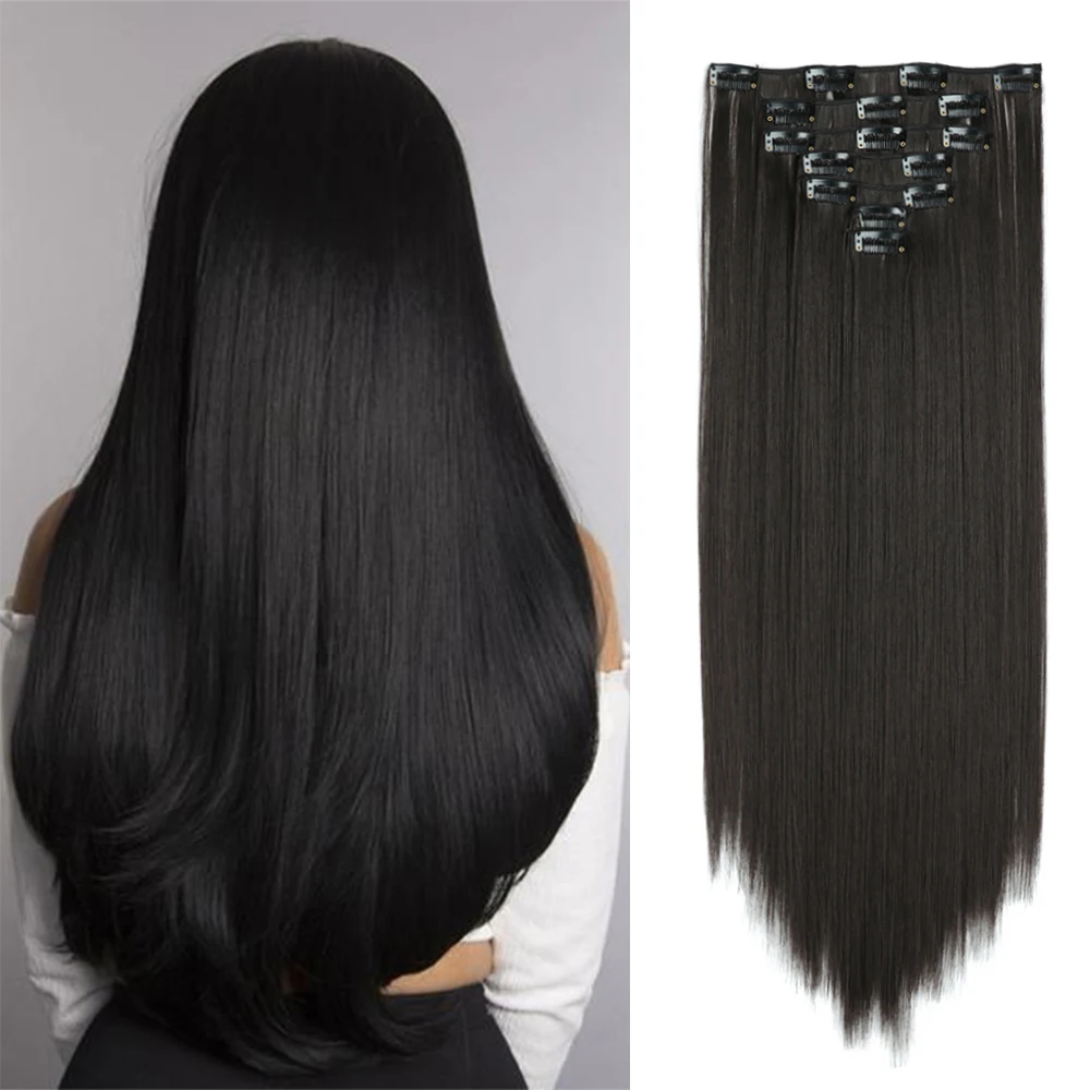 

MyDiva 16 Clip In Hair Extension Long Straight Black 7 Pcs/Set 16 Clips 22 Inch Synthetic Hair Piece For Women