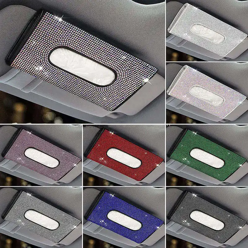 Bling Crystal Rhinestone Car Tissue Holder Sun Visor Napkin Holder Car Visor Tissue Holder Leather Backseat Tissue Case Holder