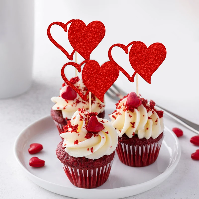 YOMDID 24 Teile/satz Valentinstag Cupcake Topper Rot Liebe Glitter Party Kuchen Dekorationen für Geburtstag Hochzeiten Verlobungen – Detail 10