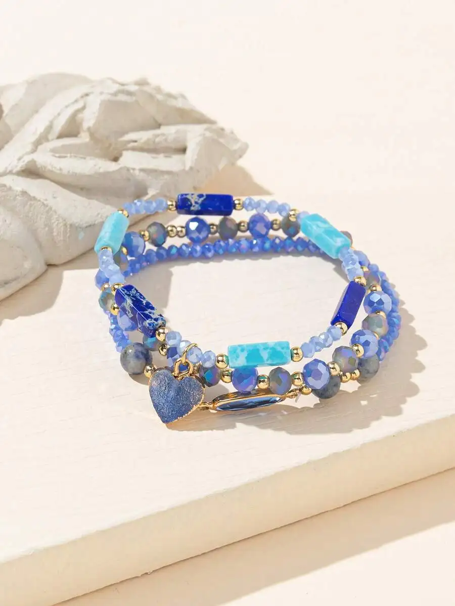 

3pcs Blue Heart Charm Beaded Bracelet Set For Women Gift