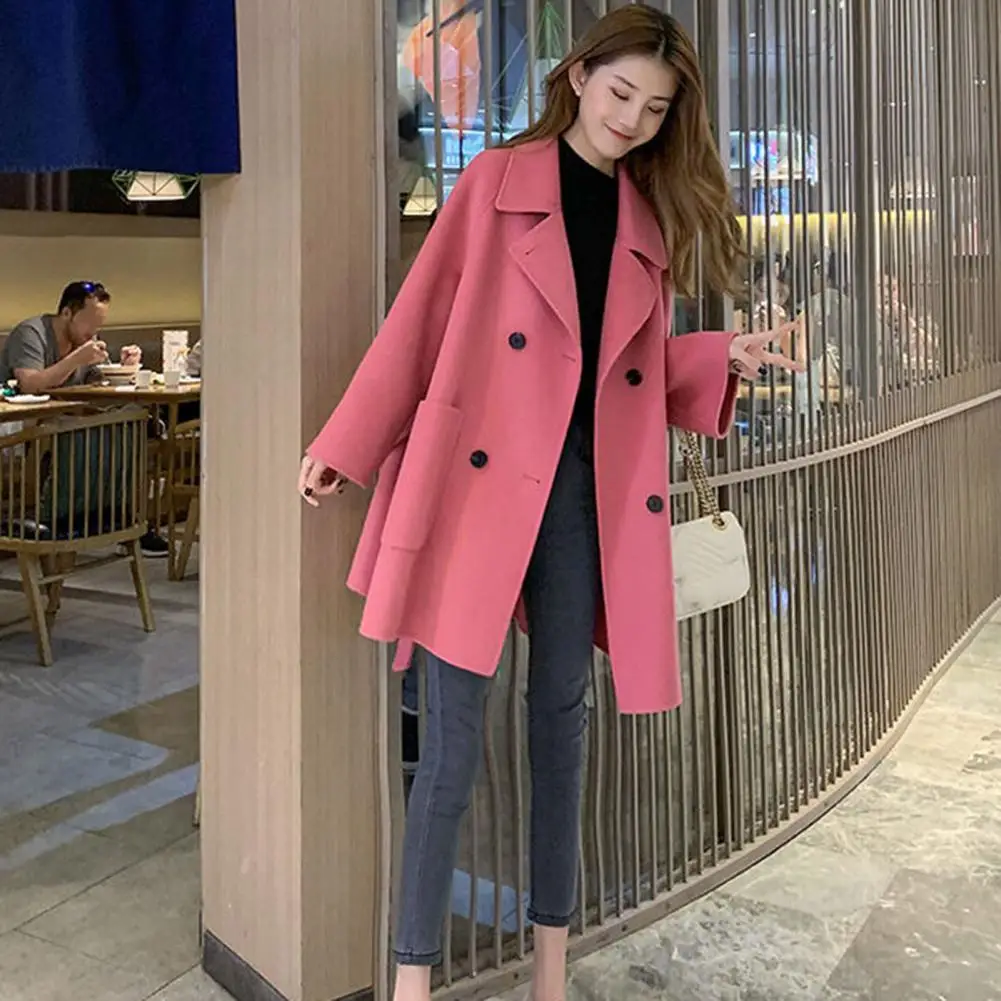 Warm Long Coat Stylish Double-breasted Woolen Jacket for Women Chic Outerwear for Work Outdoor Activities Fall Winter Soft Women