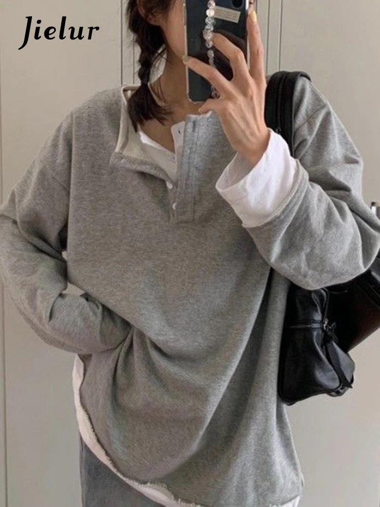 Jielur Women Fake 2 Pieces Gray Hoodies Spring Autumn Loose Chic Button Japanese Style Trendy Top Cozy Harajuku Sweatshirt