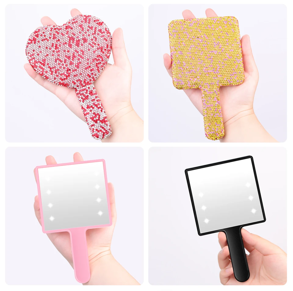 Led Smart Pearl Diamond Handle Makeup Mirror Cosmetic Beauty Tools Pink Silver Black Heart Glitter Mirror Cat Handheld Mirrors