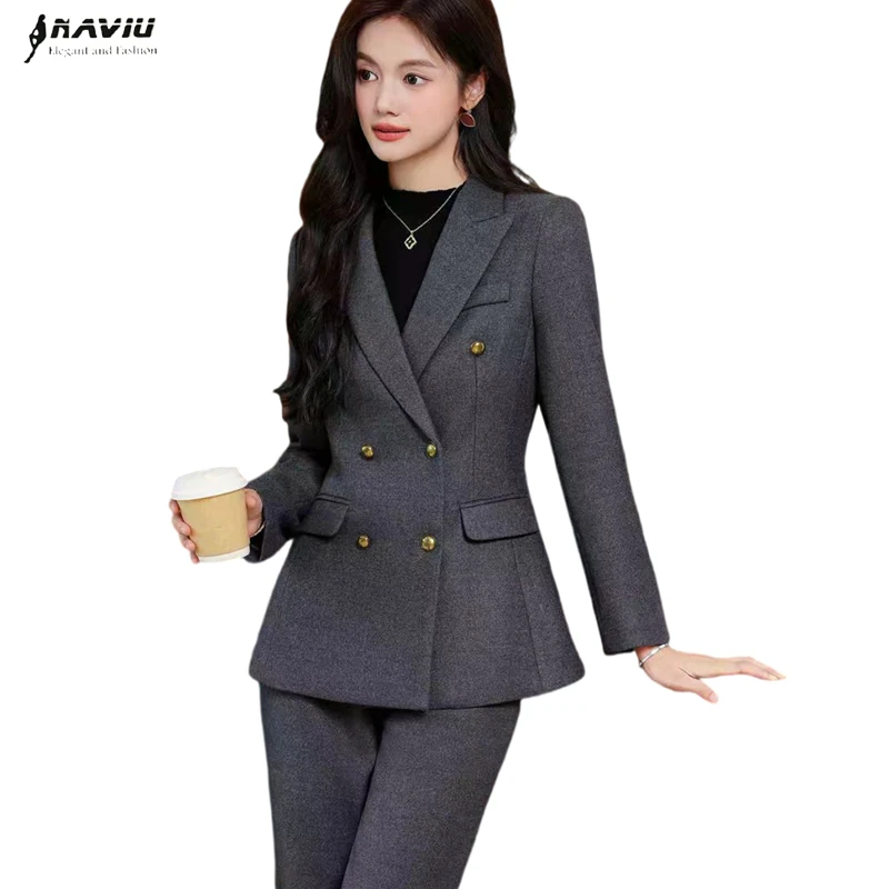

NAVIU Formal Office Lady Slim Fit 2 Piece Suits Gray Black Double Breasted High End Blazer And Pants Elegant Business Work Wear