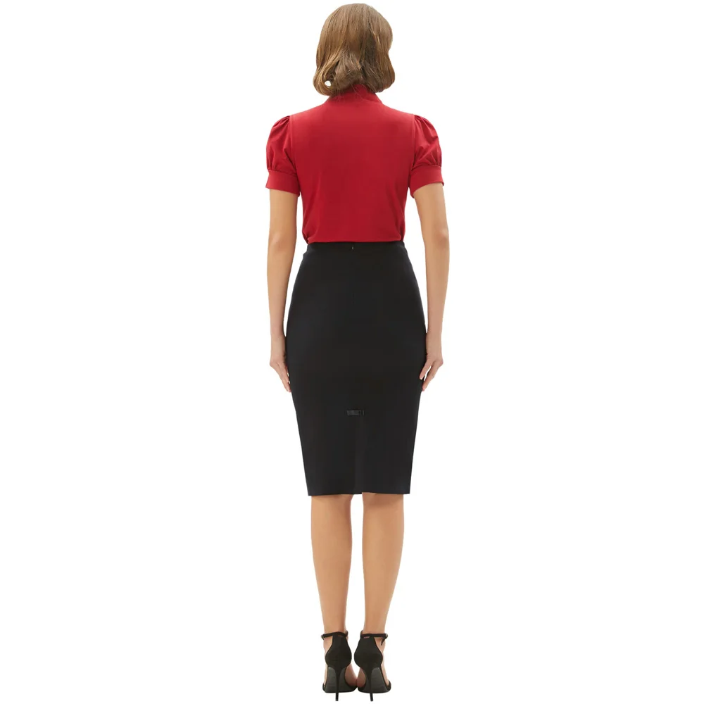 BP Women Vintage Back Slit Skirt High Waist Kickpleats Decorated Pencil Skirt Workwear Office Lady High Waist Pencil Skirts