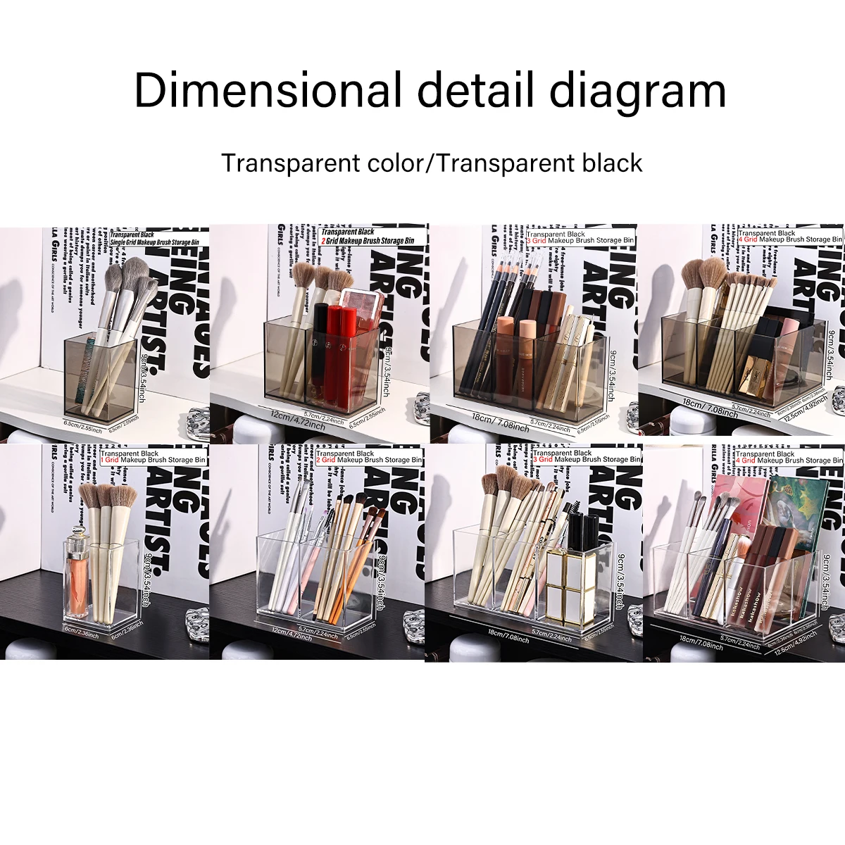 1 st acryl transparant/transparant zwart make-up borstel make-up opbergdoos met meerdere compartimenten, badkamer make-up lade