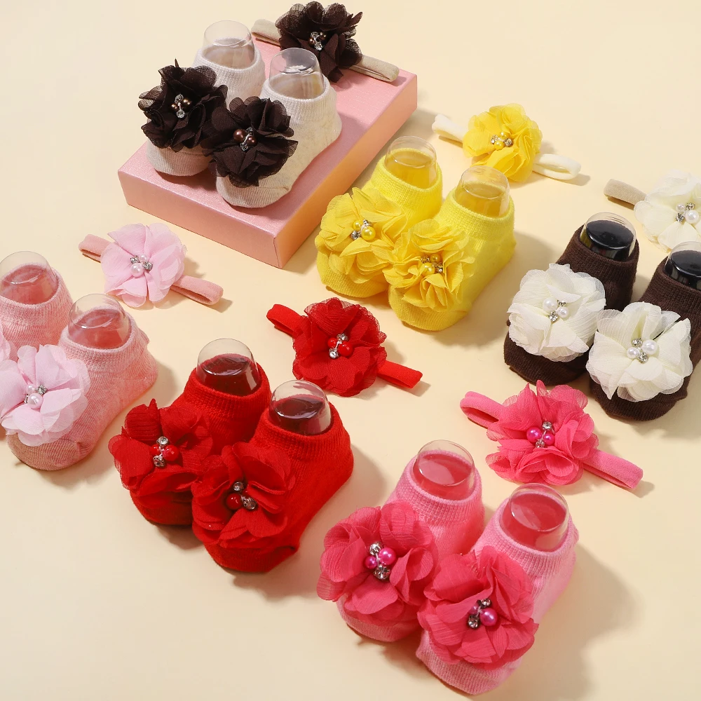 

0-1Y Flower Baby Socks Headband Set for Infants Toddlers Cute Non-slip Breathable Socks Newborn Headband Gift Photo Props