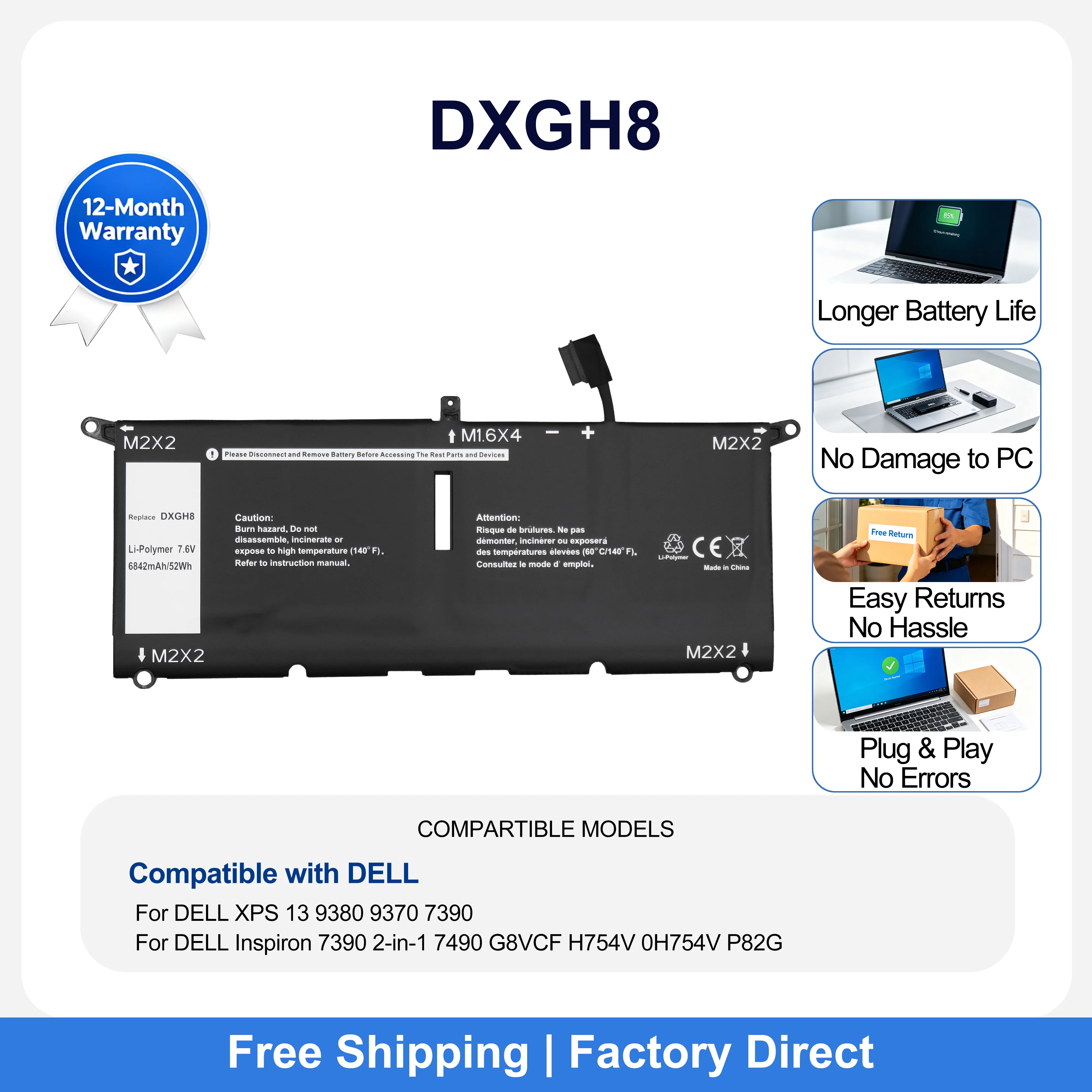 DXGH8 Laptop Battery for Dell XPS 13 9370 9380 7390 Inspiron 7490 Vostro 5390 5391 HK6N5 Latitude 3301 3311