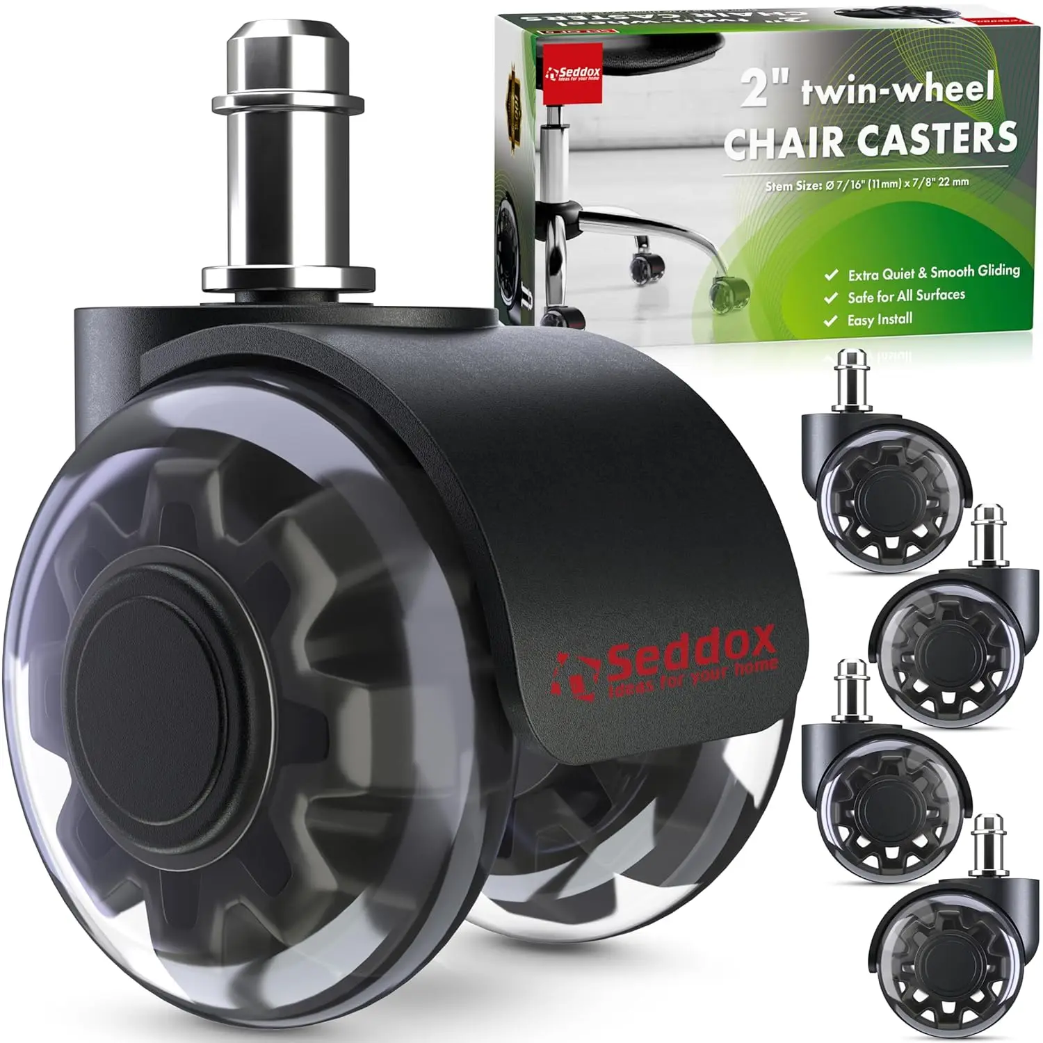 

Office Chair Wheels Replacement Set Of 5 - Dual 2 H Soft Chair Casters For Hardwood Vinyl Tile - Heavy Duty & Safe For All