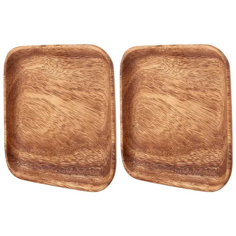 2 Pieces Square Acacia Wood Serving Tray For Home Decor,Wood Platters & Dish Plates For Fruits,Cupcakes,Sushi,Food