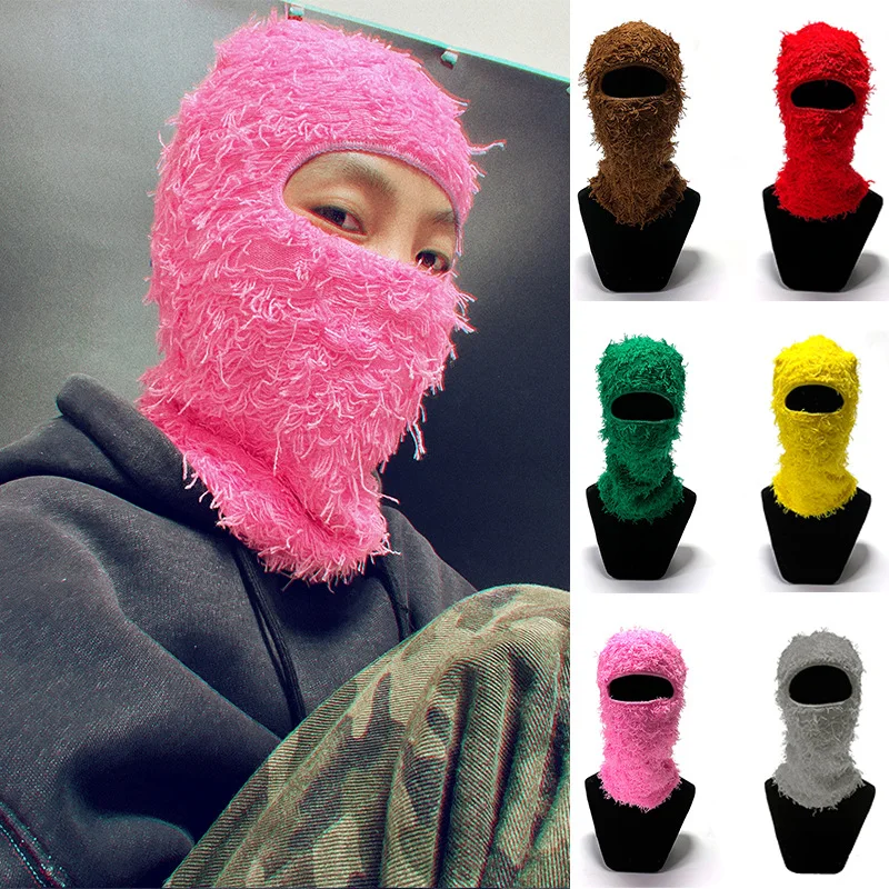 

Hip Hop Balaclava Distressed Knitted Caps Full Face Ski Mask Women Outdoor Camouflage Fleece Fuzzy Ski Balaclava Beanies Men Hat