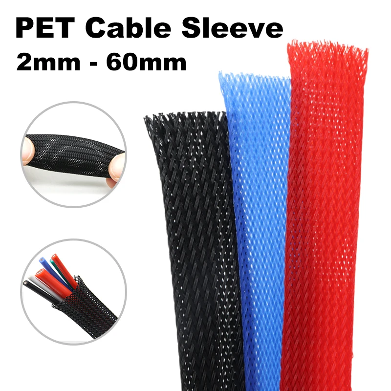 

1/3/5/10/20m Insulated PET Braid Sleeving 2mm - 60mm Tight High Density Wire Wrap Sheath Protection Black Red Blue Cable Sleeve
