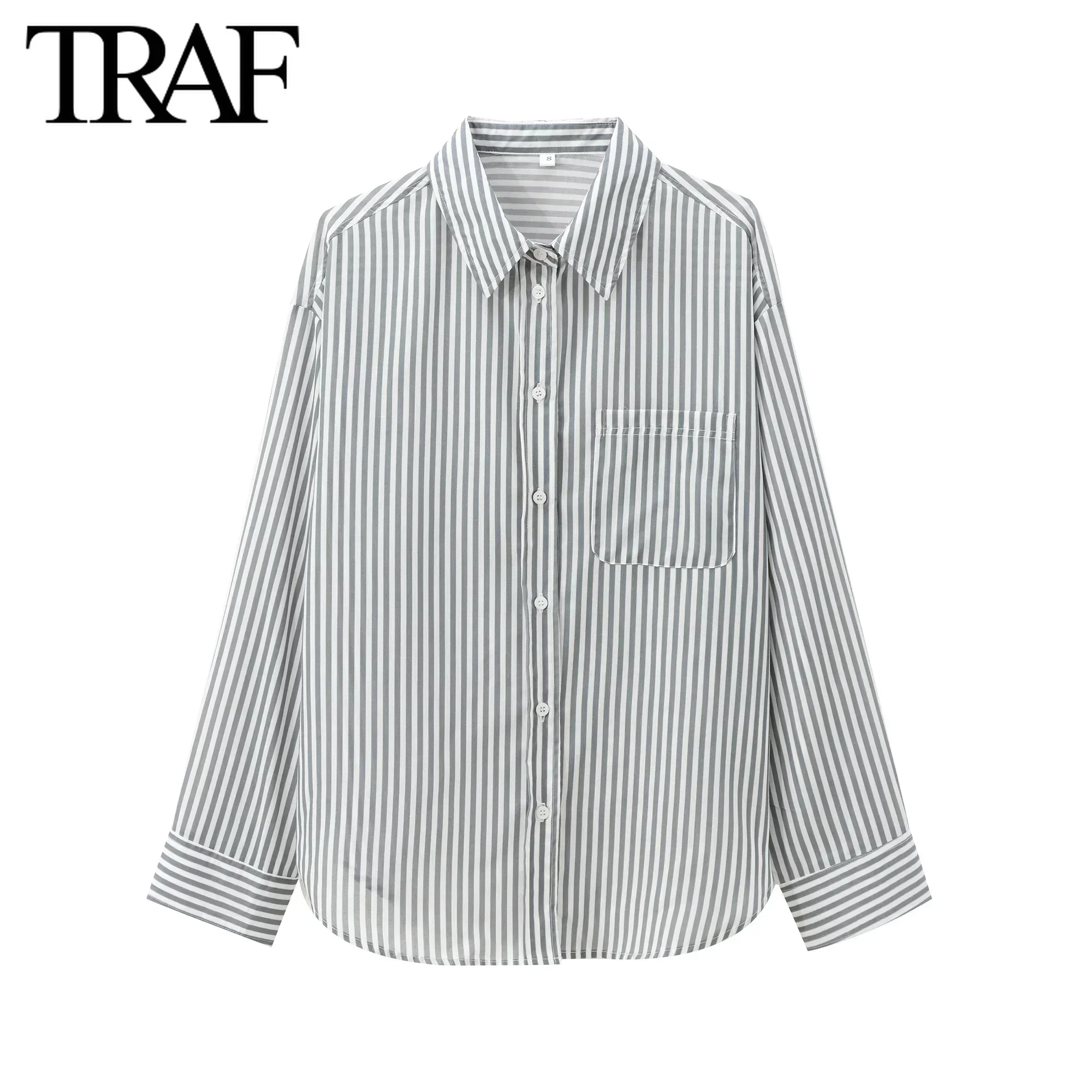 TRAF Women Fashion Autumn New Striped Long Sleeve Single-breasted Lapel Drop Blouse Street Clothing Shirt Chic Ladies Top