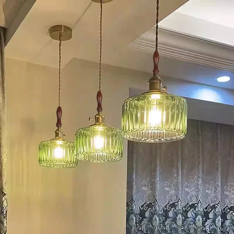 Vintage Green Ribbed Glass Pendant Light with Brass & Wood Top for Kitchen Island Bedroom Bar