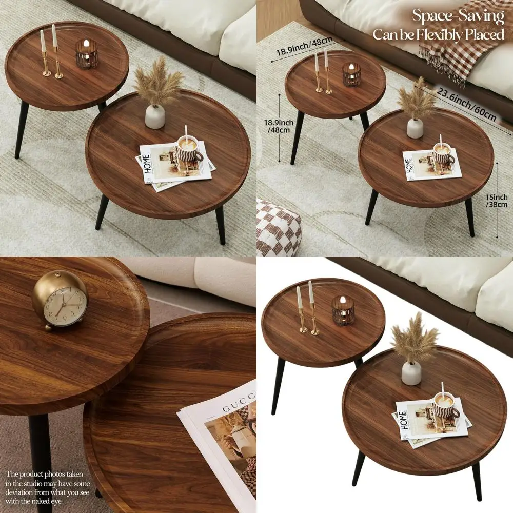 

Mid-Century Modern Round Coffee Tables, Easy Assembly Nesting Design, Minimalist Walnut for Living Spaces