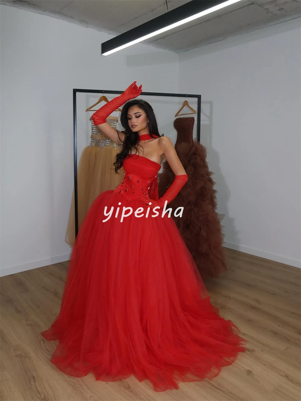 Customized High Quality Fashion Tulle Rhinestone Pleat A-line Strapless Long Dresses Bespoke Occasion Dresses Matching Formal