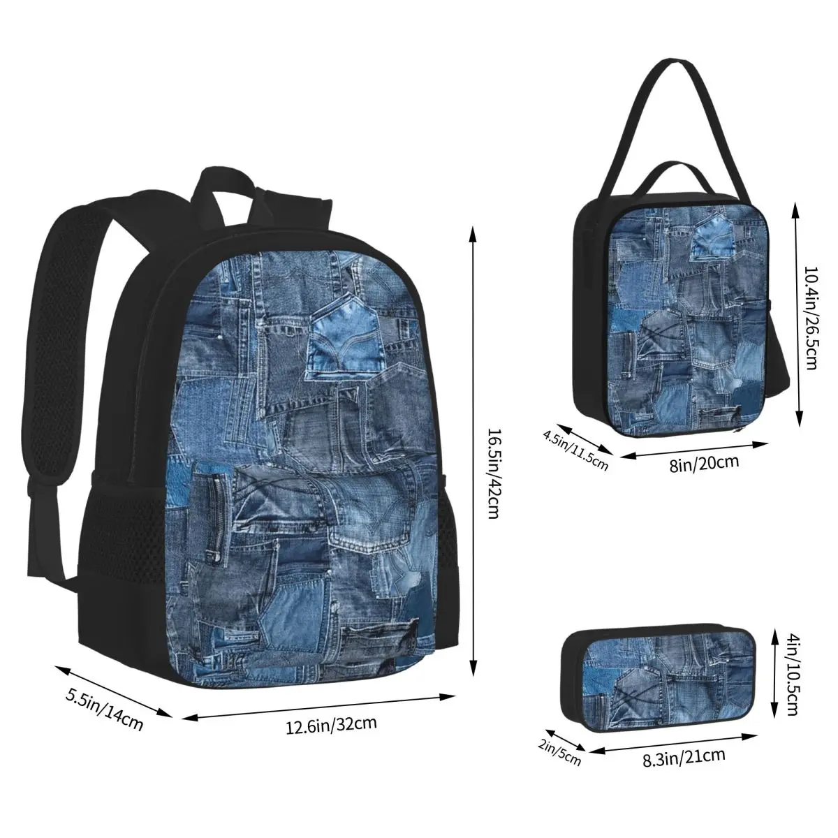Blue Denim Jeans Pocket Patchwork Backpacks Bookbag Students School Bags Kids Rucksack Lunch Bag Pen Bag Three-Piece Set