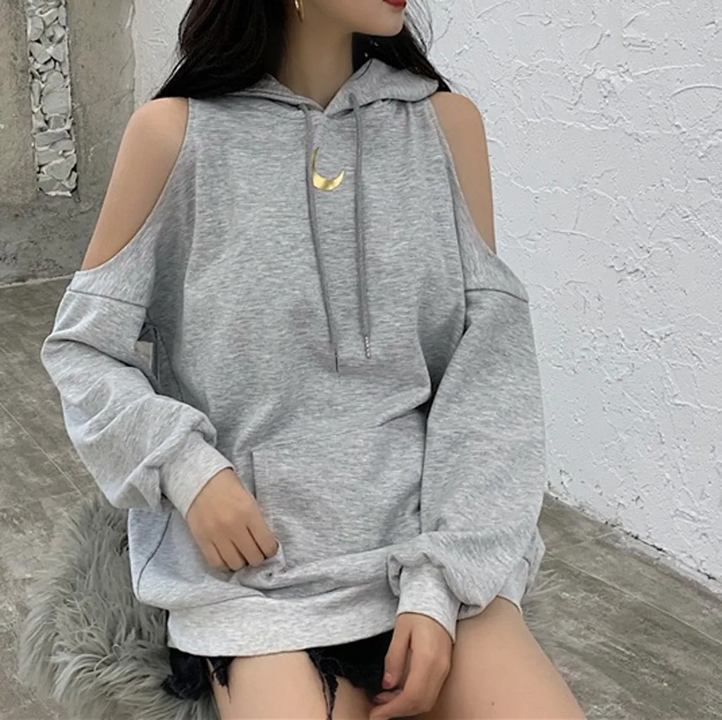 Y2k Womens Moon Print Hoodie Long Sleeve Pullover Off Shoulder Tops Blouse Korean Oversize Sweatshirt Sudadera Свитшот