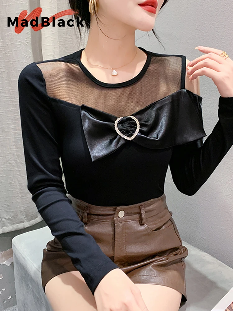 

MadBlack European Clothes Tshirt Women Sexy Off Shoulder Patchwork Slim Cotton Top Long Sleeve Tees Autumn Winter T38022JC