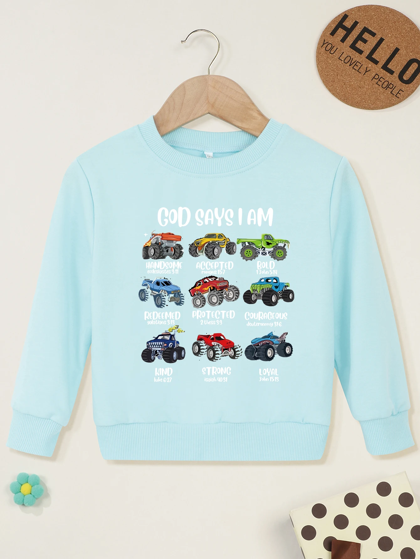 Kid Sweater Cool Trucks GOD SAYS I AM Print Baby Boy Girl Pullover