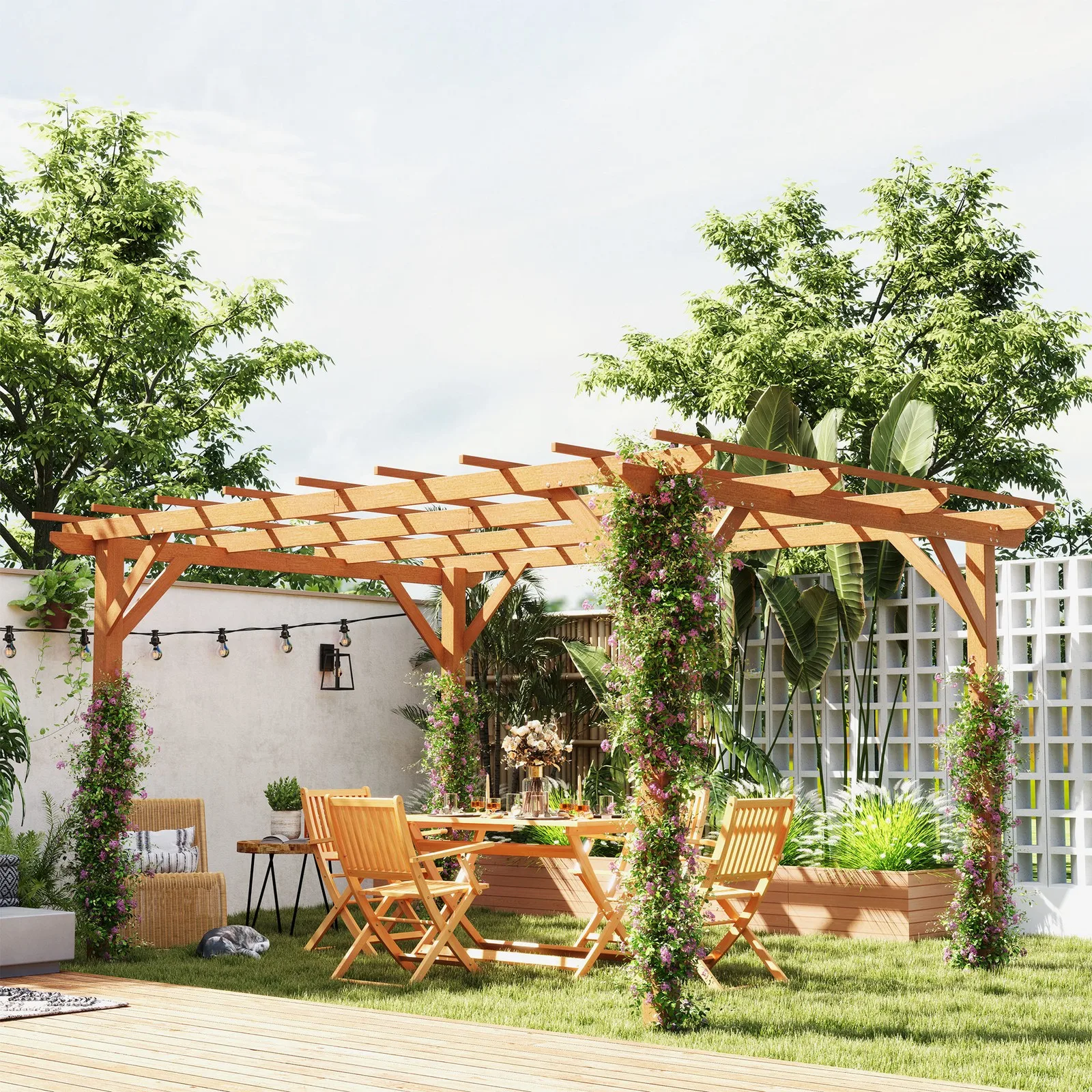 

10' x 13' Outdoor Pergola, Wood Gazebo Grape Trellis, Dark Brown