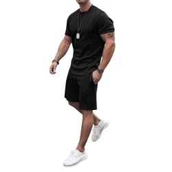 New Men's Sports Suit T shirt Solid Color Casual Plus Size Tracksuit Man Summer Clothing Streetwear Male Shorts Two