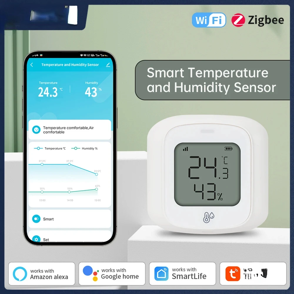 

Датчик температуры и влажности Wi-Fi Zigbee, термометр-гигрометр, совместимость с Alexa Google Home Smart Life