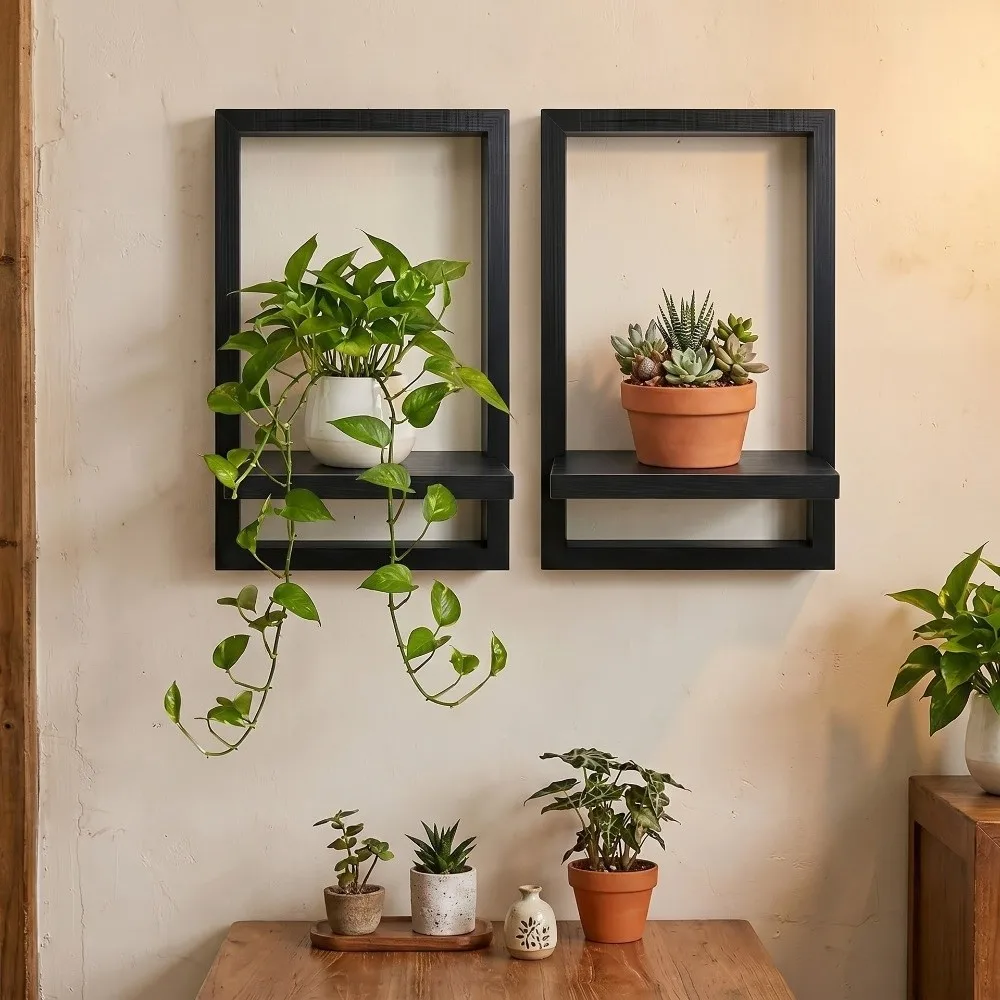 Wooden Wall Plant Shelf Vintage Strong Load-bearing Indoor Plant Stand Rustic Style Square Plant