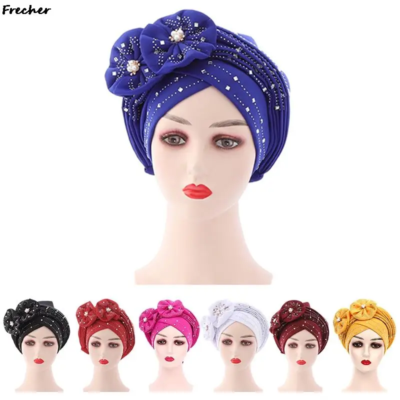 

Muslim Hijabs Beanie Cover African Flower Decor Hats Crystal Turban Cap Flower Bowknot Bonnet Headscarf Hat Fashion Hair Cover