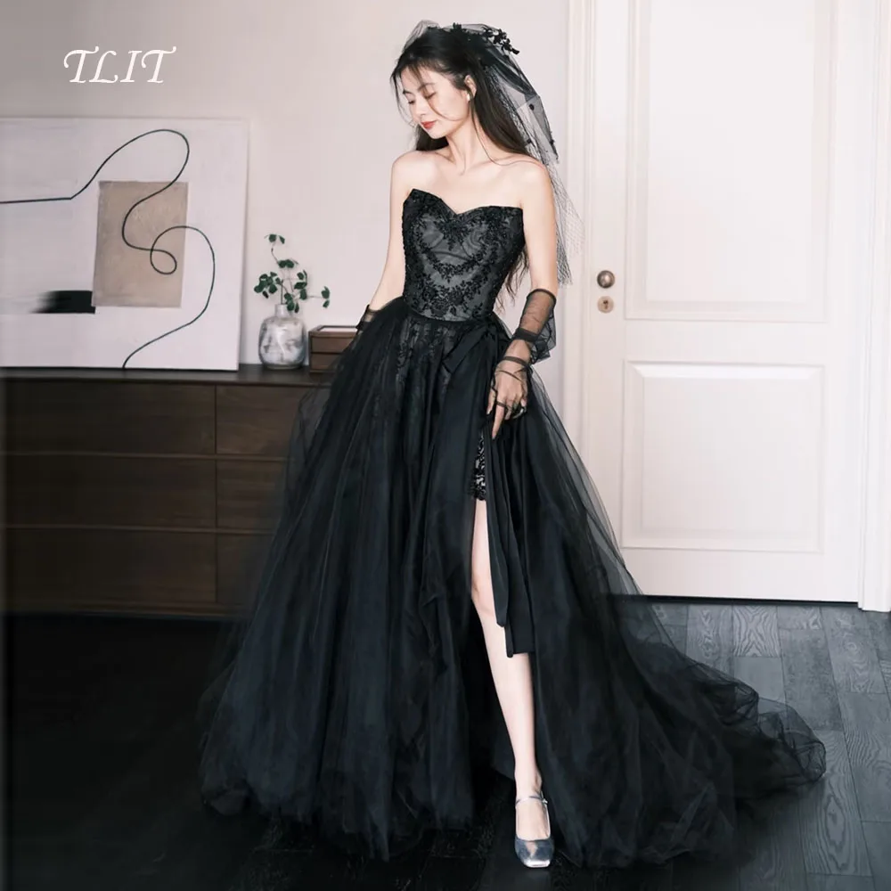 Tlit simples preto tule vestidos de noite personalizado coreia vestido de casamento sessão de fotos querida preto tule luvas alta divisão vestido