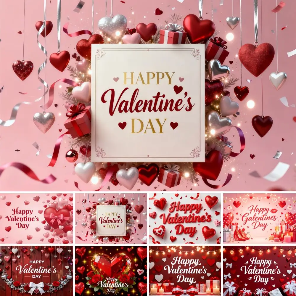 Happy Valentine's Day Photography Backdrop Red Pink Heart Balloon Ribbon Confetti Romantic Couple Party Photo Shoot Background