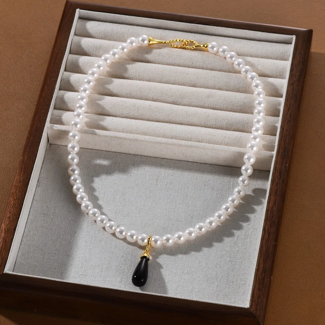 

Fashion Europe Pearl Black Agate Necklace Luxury Woman High Quality Jewelry Party Gift Trend 2025