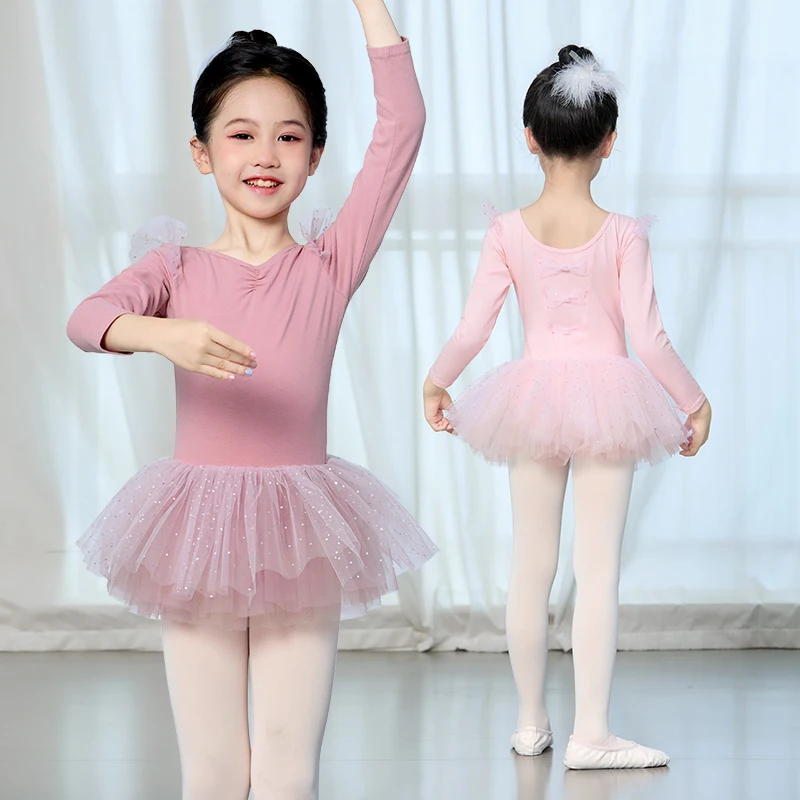 Justaucorps de ballet à manches longues pour filles, robe tutu de ballet pour enfants, olympiques de batterie de danse, jupes gonflées d'anniversaire roses pour enfants