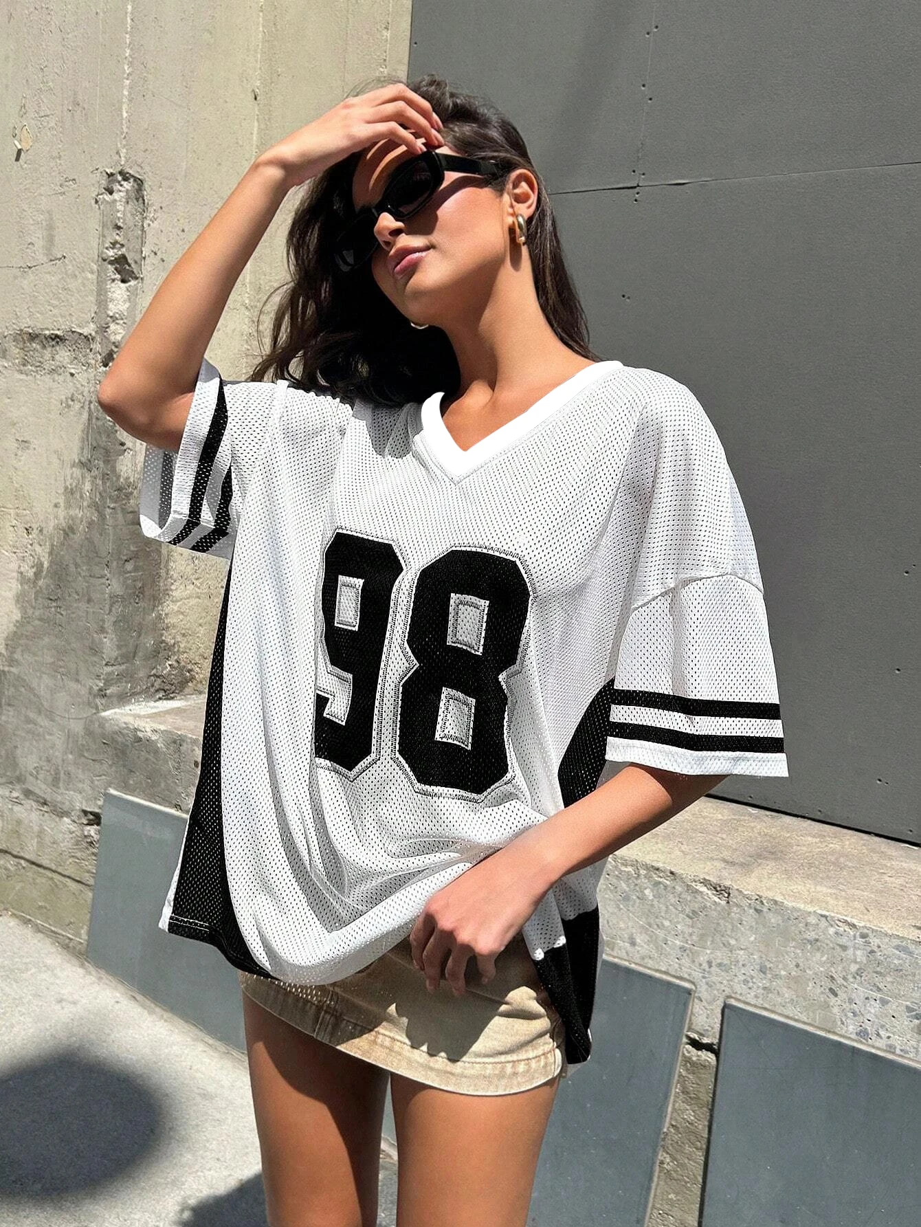 2024 Summer New Retro Patchwork 98 Print T-Shirt For Women V-Neck Short Sleeve Sports Football Jersey Y2K Loose Oversized Tops