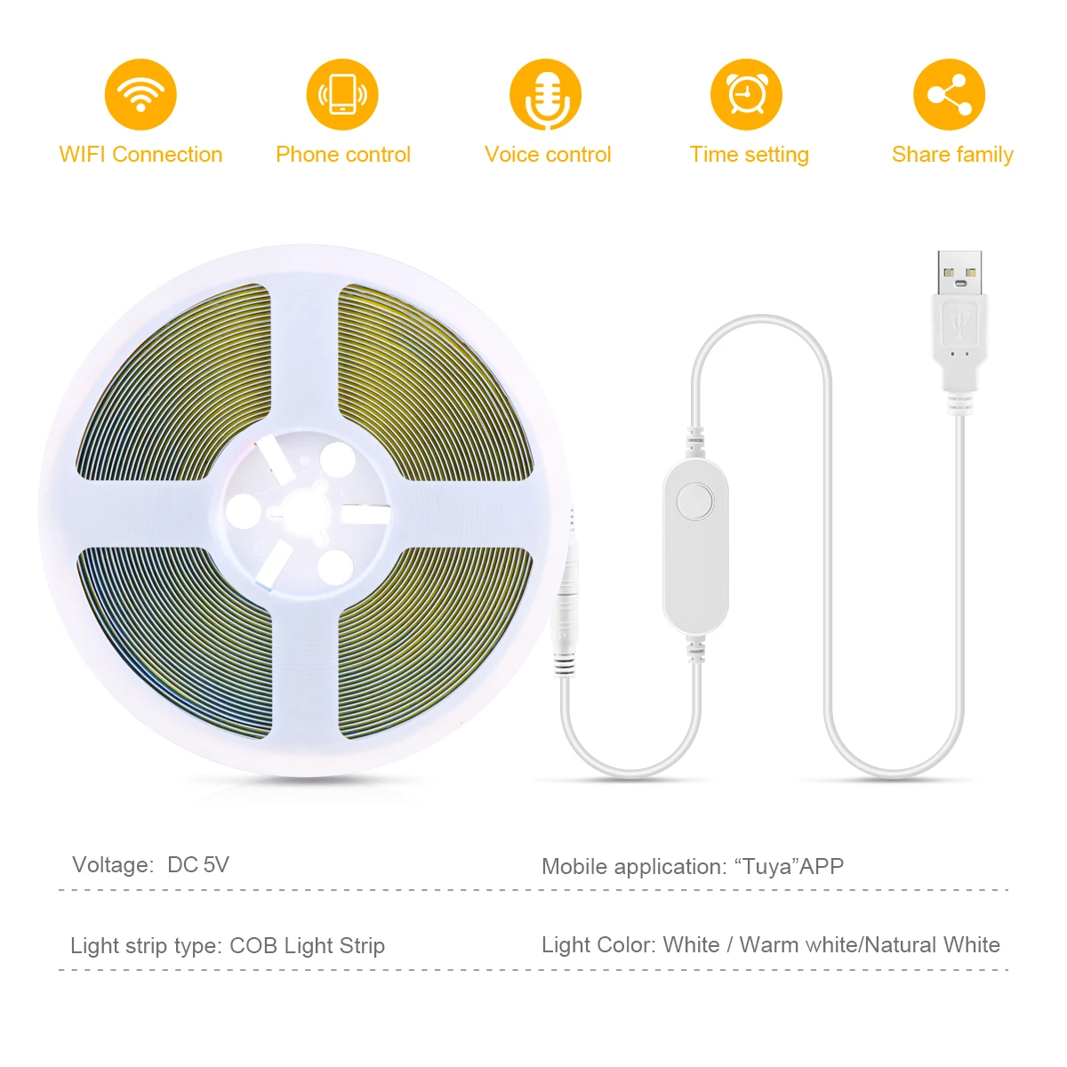 Tuya Smart Life APP WiFi Control COB LED Strip Light USB 5V Timer Dimmable Tape Room Wall Kitchen Decor Work with Alexa,Google